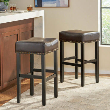 30-Inch Backless Brown Leather Counter Stool Set Of 2 For Kitchen And Dining Use