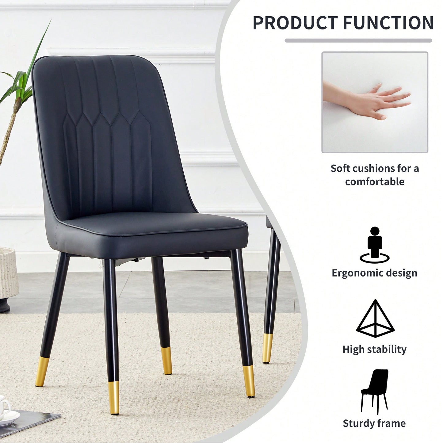 Stylish Black PU Dining And Living Room Chairs With Metal Legs - Set Of 2 For Kitchen And Dining Spaces