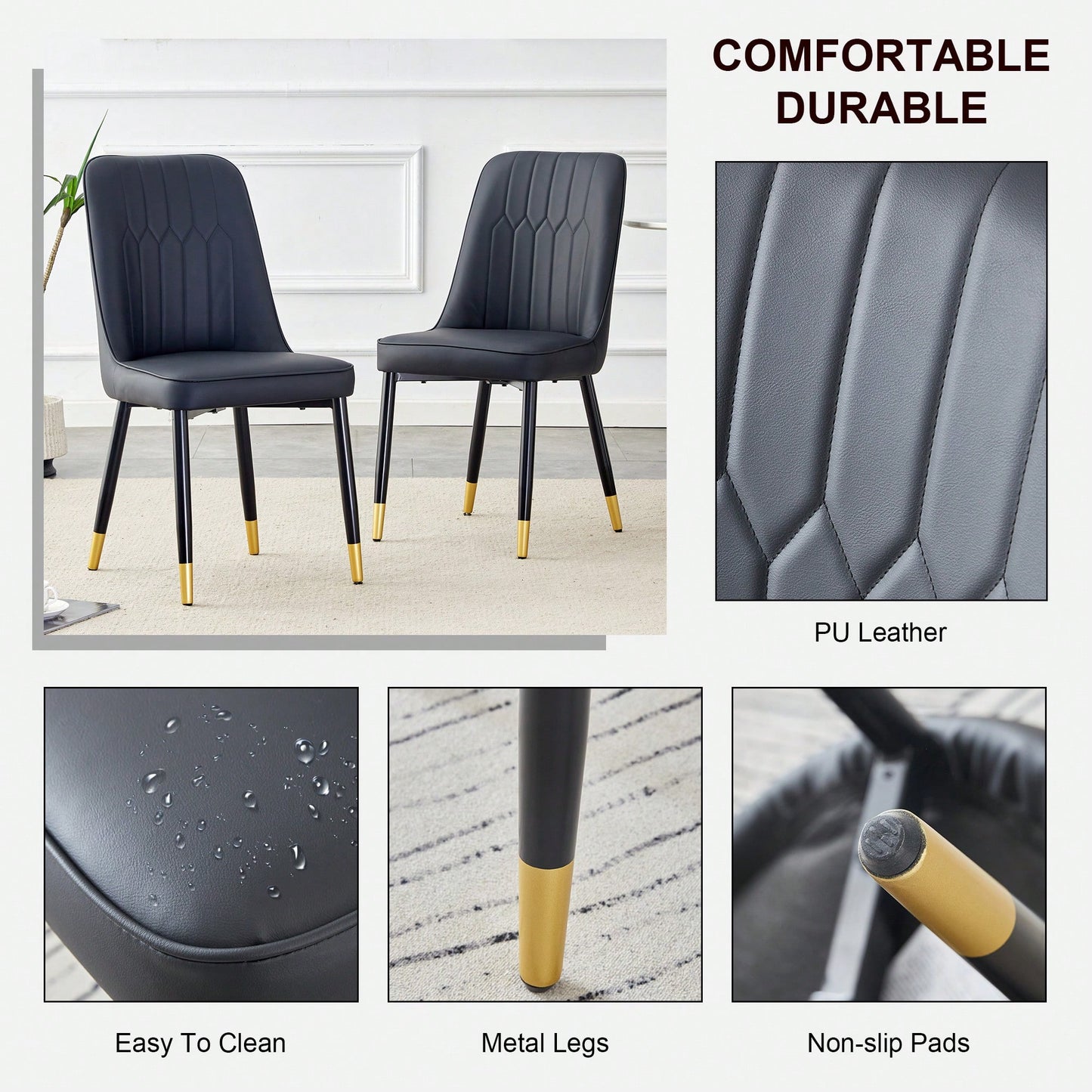 Stylish Black PU Dining And Living Room Chairs With Metal Legs - Set Of 2 For Kitchen And Dining Spaces