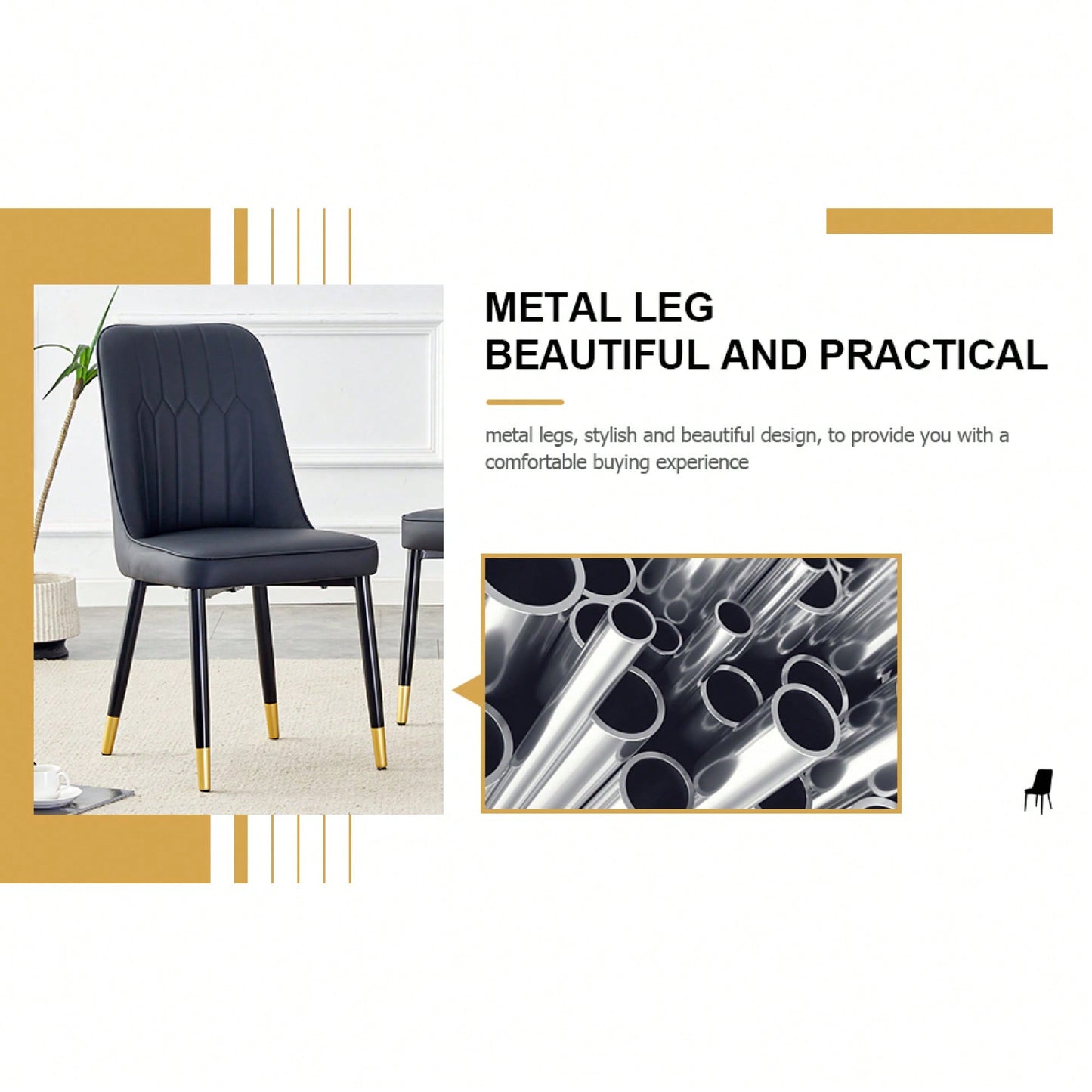 Stylish Black PU Dining And Living Room Chairs With Metal Legs - Set Of 2 For Kitchen And Dining Spaces