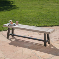 Sandblast Acacia Wood Dining Bench With Black Rustic Metal Frame Light Grey
