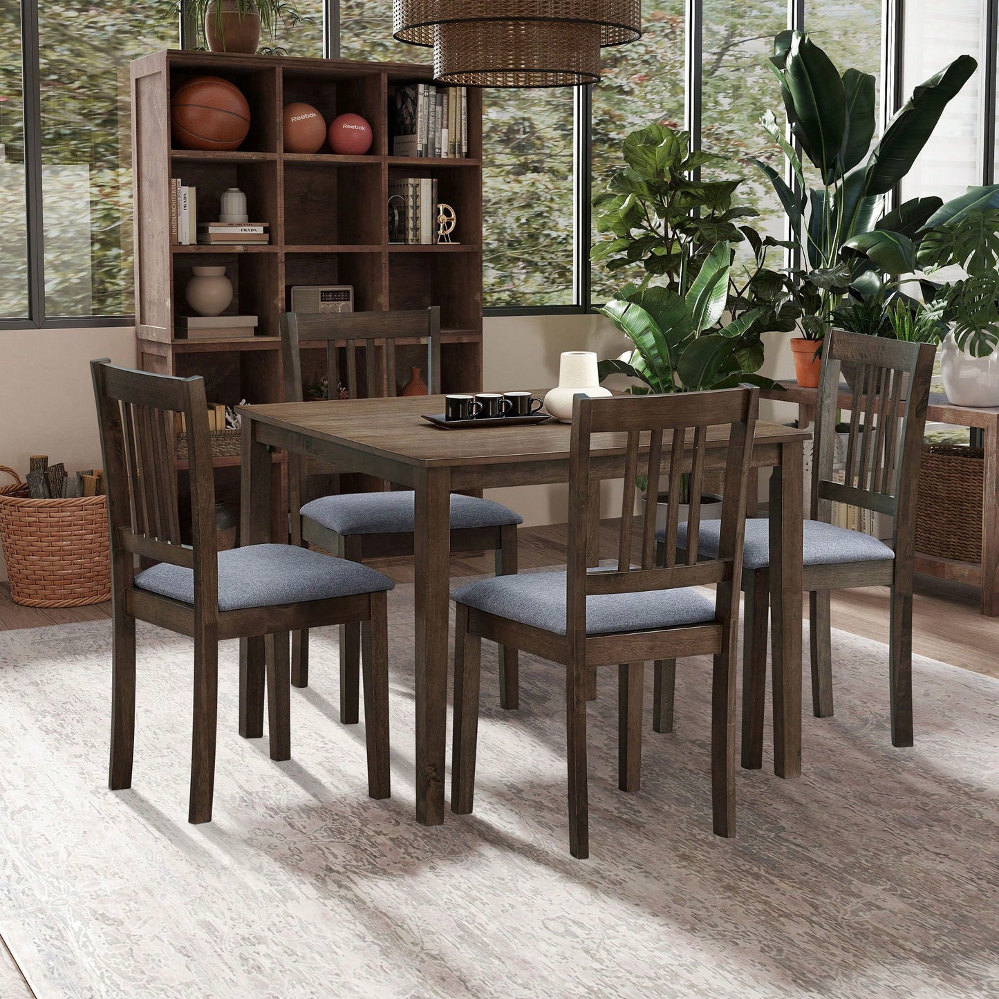 Mid Century Modern Square Wooden Dining Table Set With Upholstered Chairs For Space-Saving Kitchen And Dining Room, Oak Finish