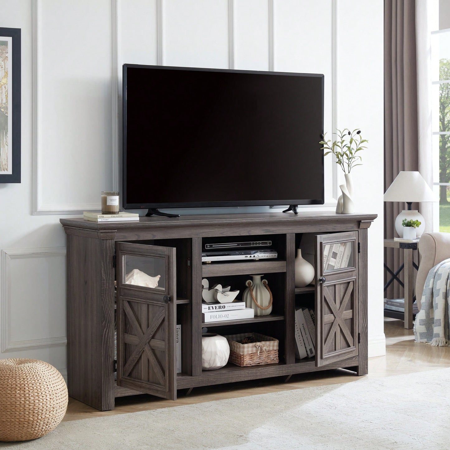 Farmhouse Style 60 Inch Barn Door TV Stand Modern Media Console In Grey For Home Entertainment