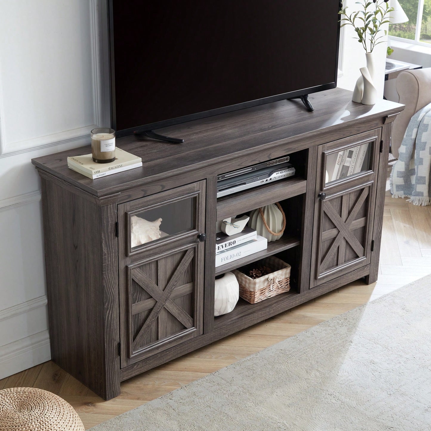 Farmhouse Style 60 Inch Barn Door TV Stand Modern Media Console In Grey For Home Entertainment