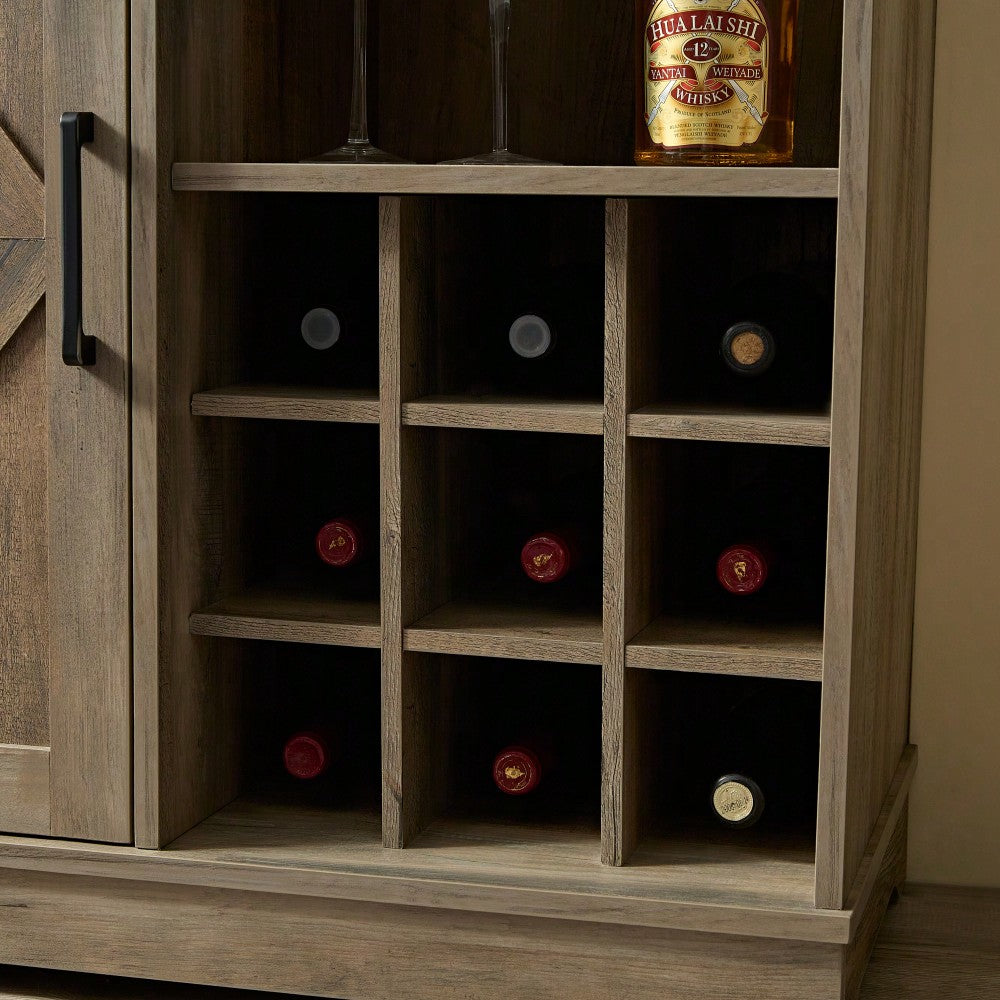 Farmhouse Style Wine Bar Cabinet With Barn Door, Adjustable Shelves, Drawer, And Wine Rack For Liquor And Glasses Storage, Espresso Finish