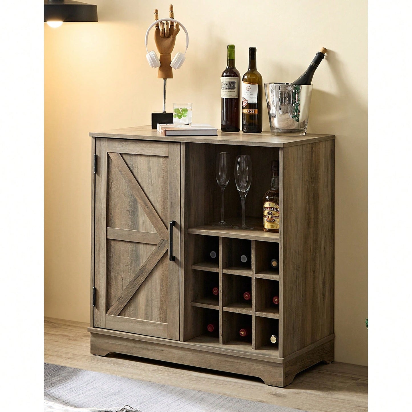 Farmhouse Style Wine Bar Cabinet With Barn Door, Adjustable Shelves, Drawer, And Wine Rack For Liquor And Glasses Storage, Espresso Finish