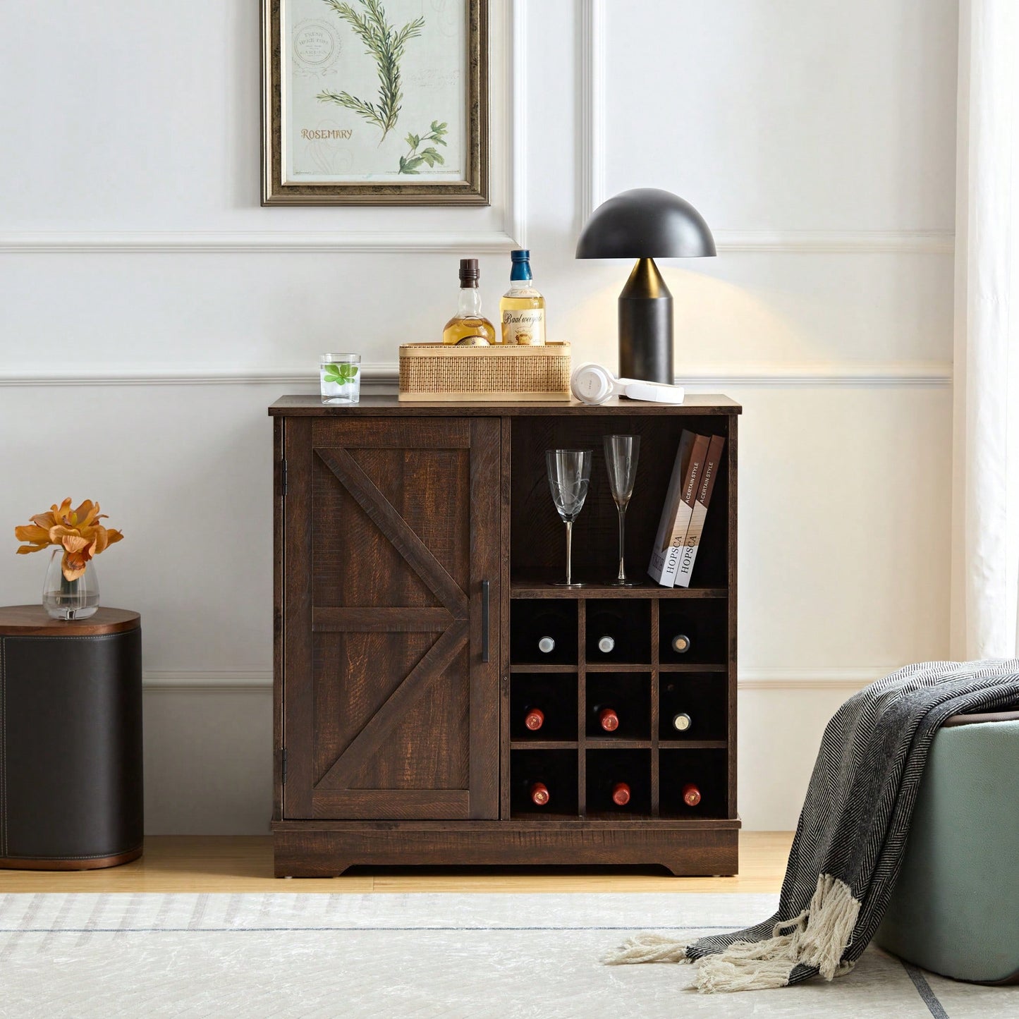 Farmhouse Style Wine Bar Cabinet With Barn Door, Adjustable Shelves, Drawer, And Wine Rack For Liquor And Glasses Storage, Espresso Finish