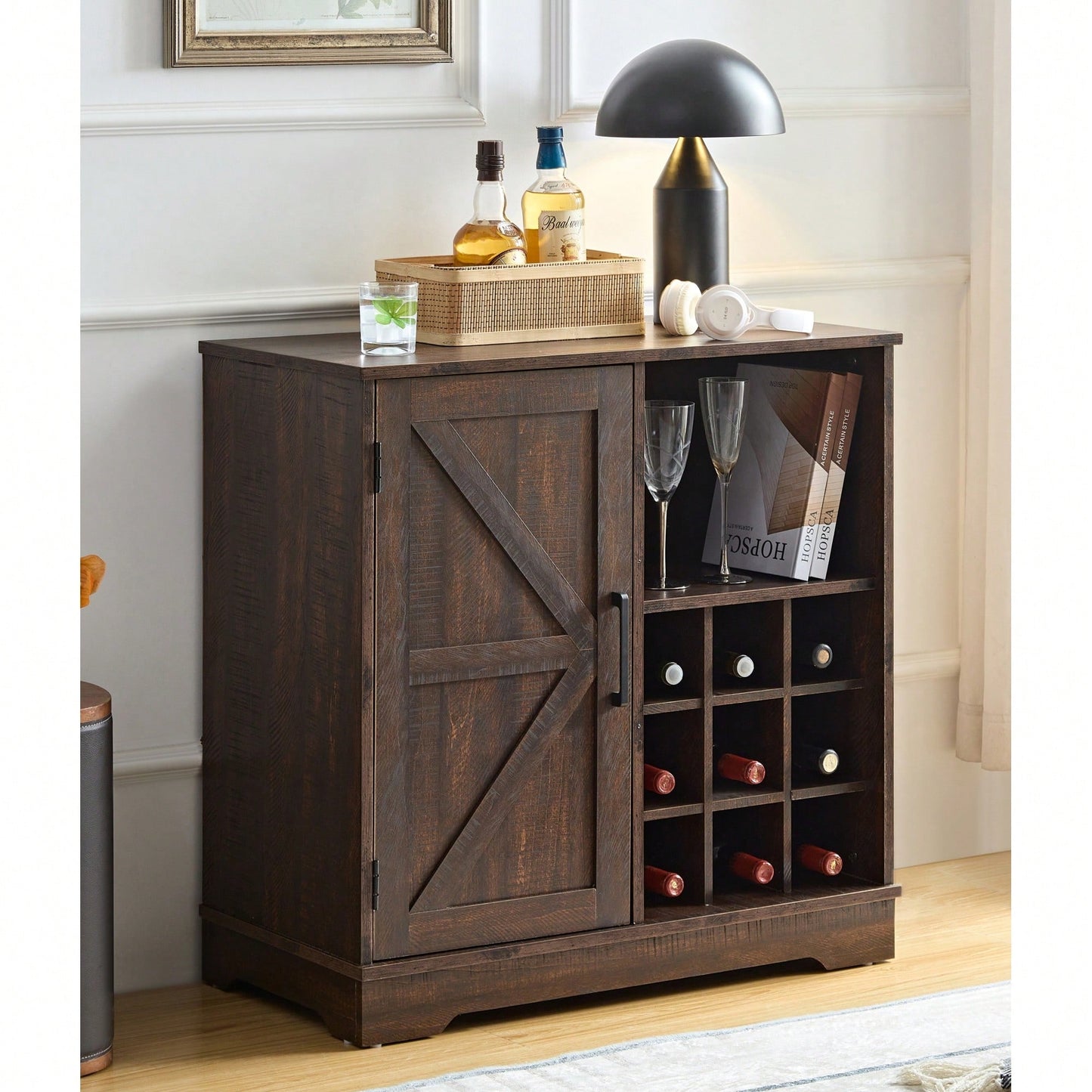 Farmhouse Style Wine Bar Cabinet With Barn Door, Adjustable Shelves, Drawer, And Wine Rack For Liquor And Glasses Storage, Espresso Finish