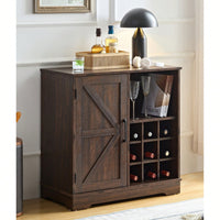 Farmhouse Style Wine Bar Cabinet With Barn Door, Adjustable Shelves, Drawer, And Wine Rack For Liquor And Glasses Storage, Espresso Finish