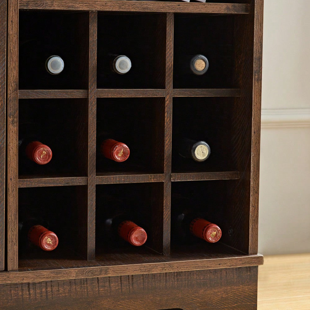 Farmhouse Style Wine Bar Cabinet With Barn Door, Adjustable Shelves, Drawer, And Wine Rack For Liquor And Glasses Storage, Espresso Finish