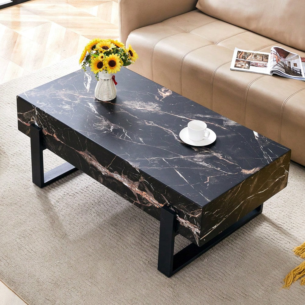 Modern Black And White Minimalist MDF Coffee Table With Marble Pattern And Black Metal Legs
