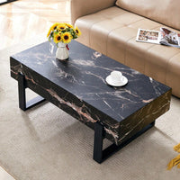 Modern Black And White Minimalist MDF Coffee Table With Marble Pattern And Black Metal Legs