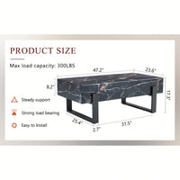 Modern Black And White Minimalist MDF Coffee Table With Marble Pattern And Black Metal Legs