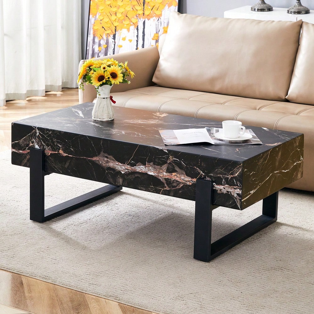 Modern Black And White Minimalist MDF Coffee Table With Marble Pattern And Black Metal Legs