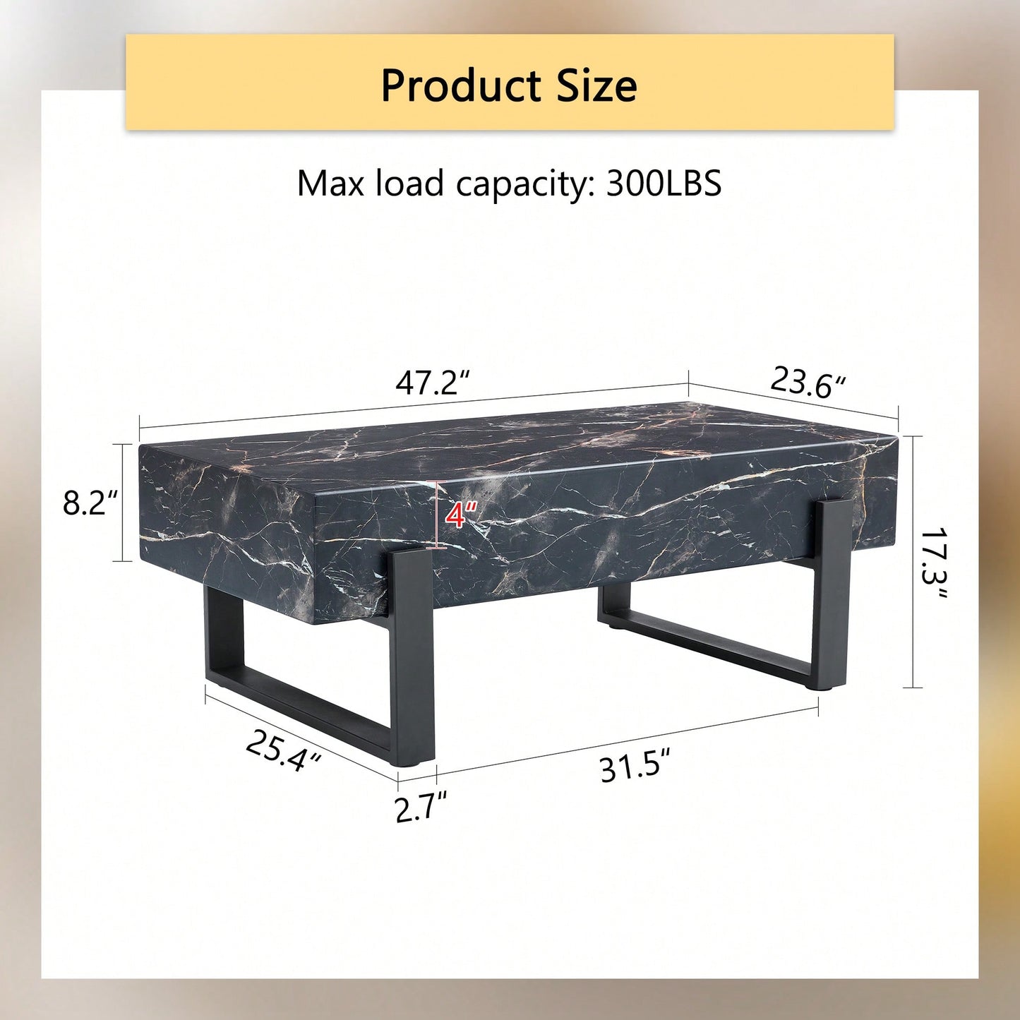 Modern Black And White Minimalist MDF Coffee Table With Marble Pattern And Black Metal Legs