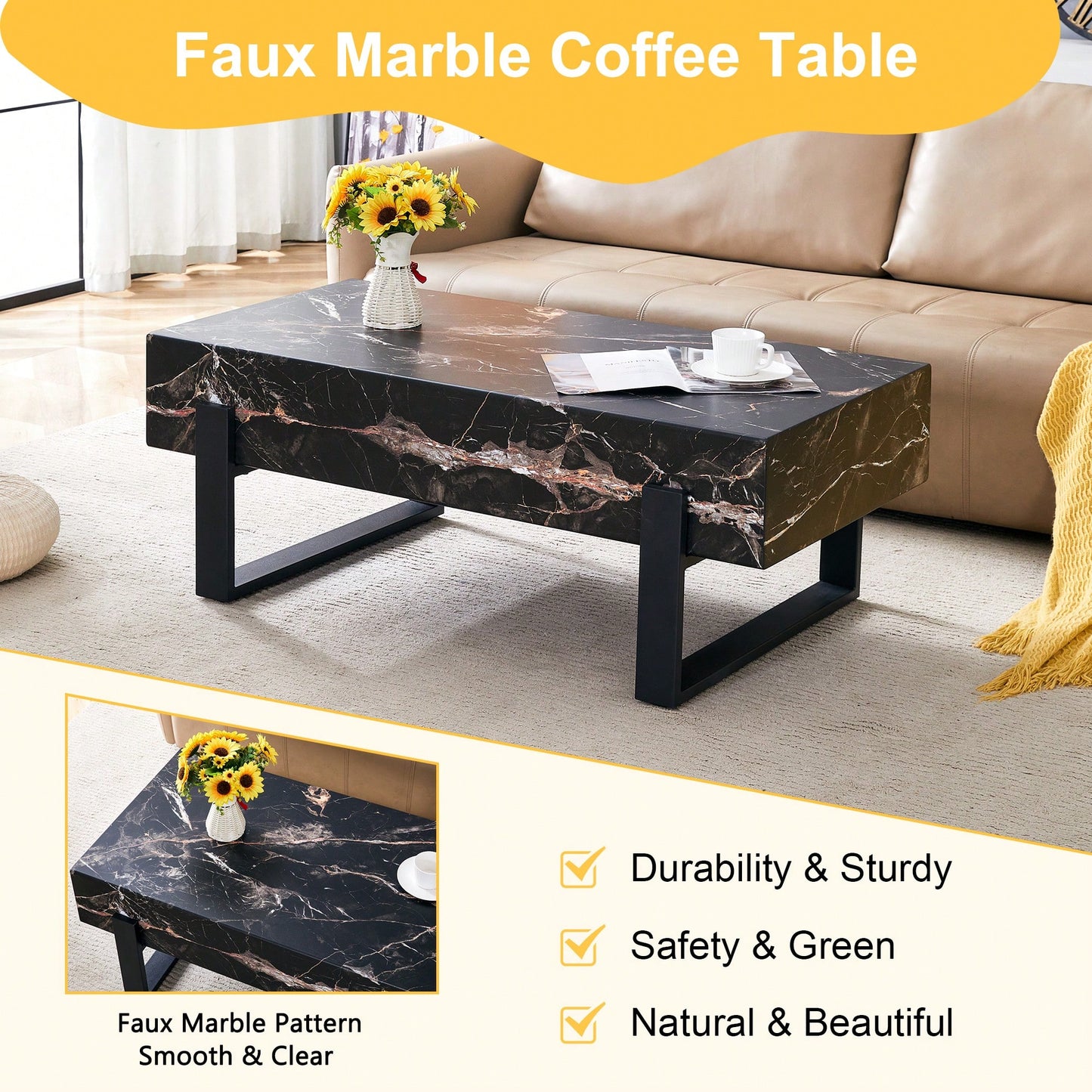 Modern Black And White Minimalist MDF Coffee Table With Marble Pattern And Black Metal Legs