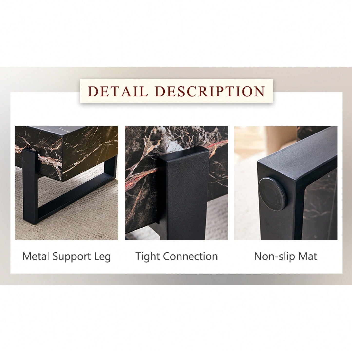 Modern Black And White Minimalist MDF Coffee Table With Marble Pattern And Black Metal Legs