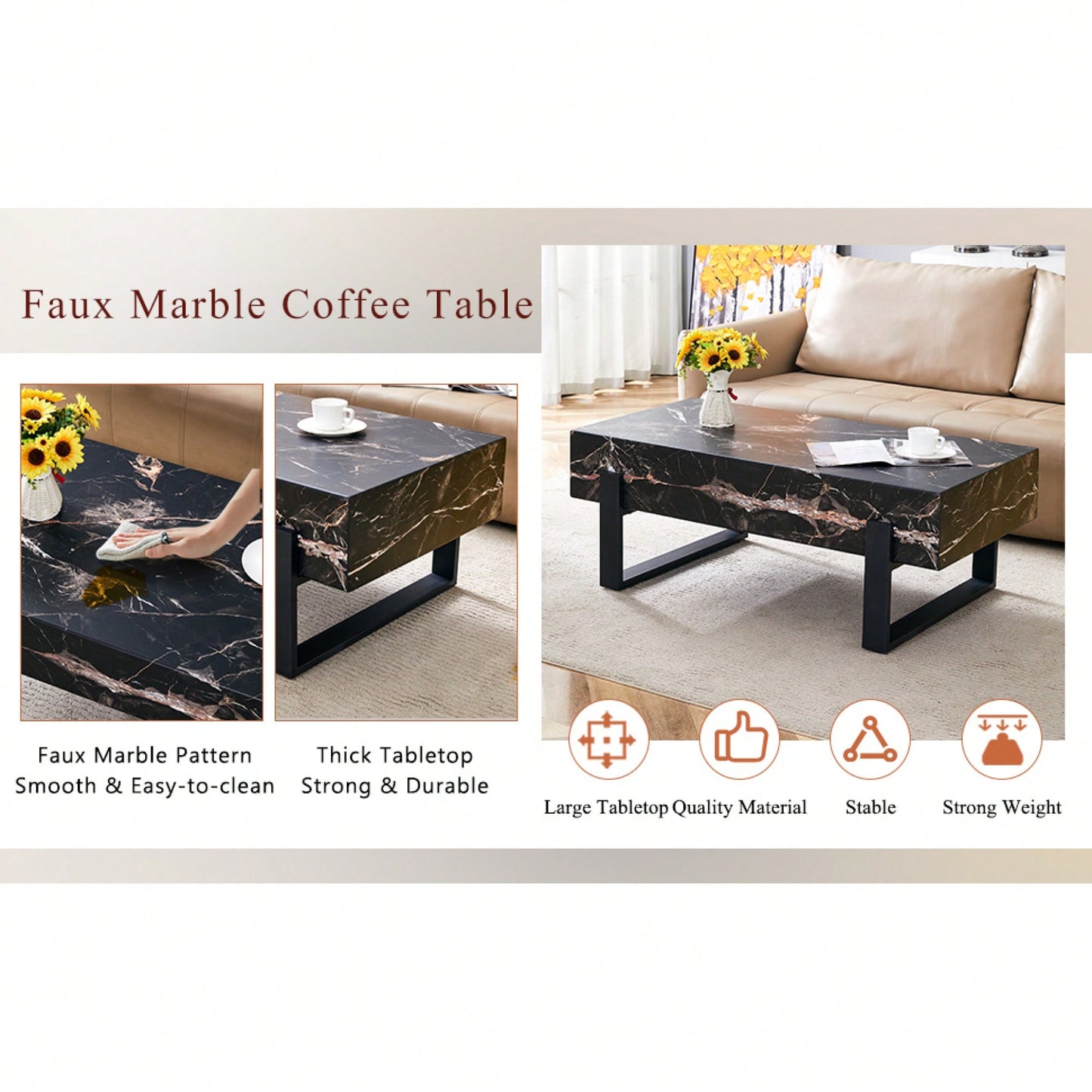 Modern Black And White Minimalist MDF Coffee Table With Marble Pattern And Black Metal Legs