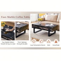 Modern Black And White Minimalist MDF Coffee Table With Marble Pattern And Black Metal Legs