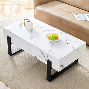 Modern Black And White Minimalist MDF Coffee Table With Marble Pattern And Black Metal Legs