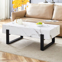 Modern Black And White Minimalist MDF Coffee Table With Marble Pattern And Black Metal Legs