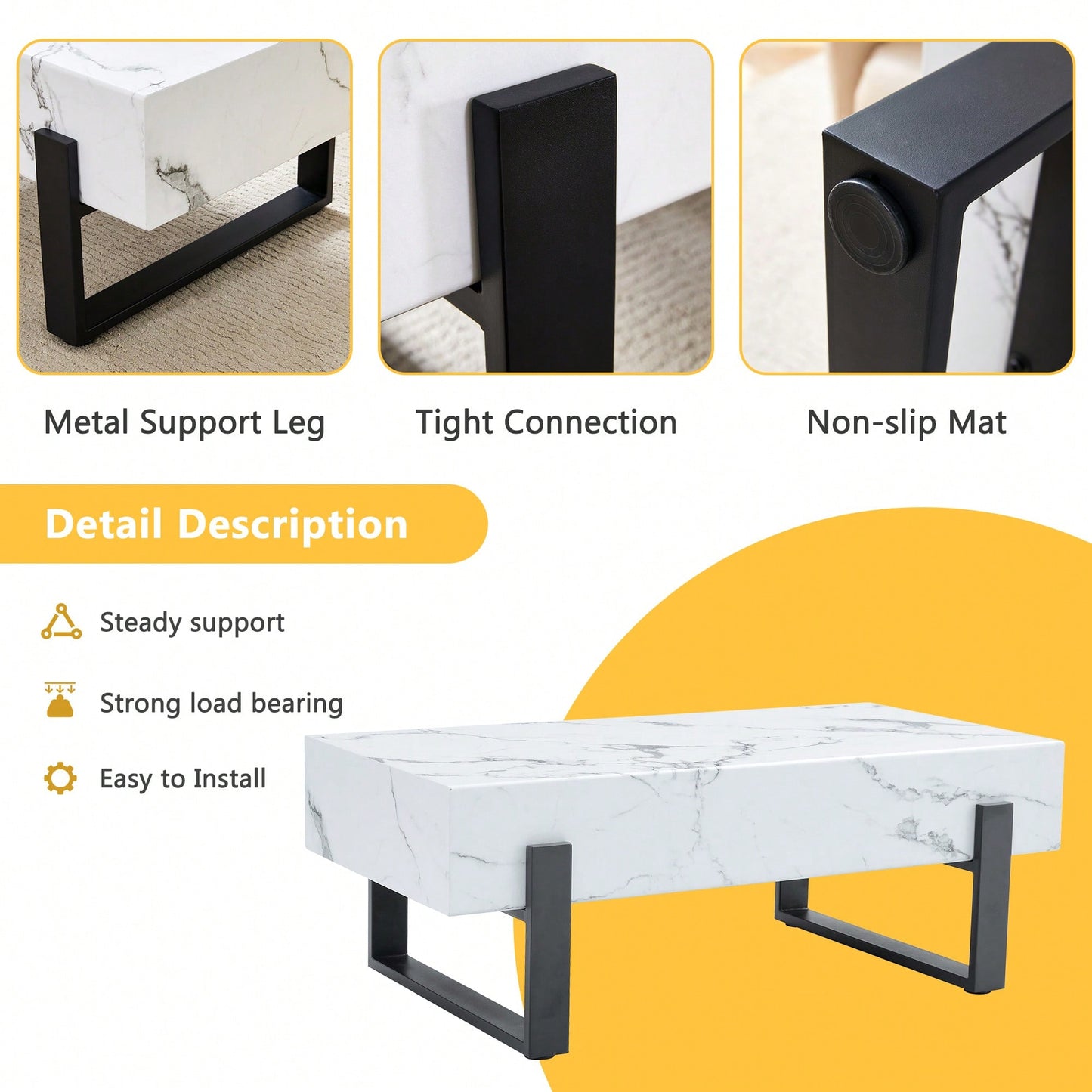 Modern Black And White Minimalist MDF Coffee Table With Marble Pattern And Black Metal Legs