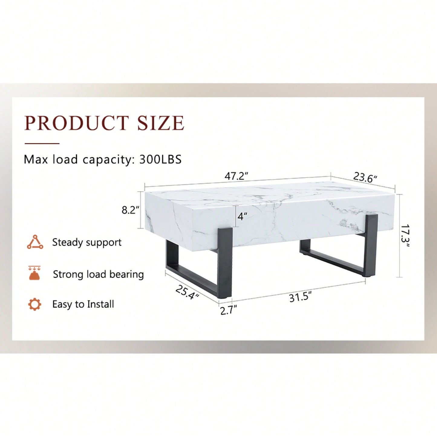 Modern Black And White Minimalist MDF Coffee Table With Marble Pattern And Black Metal Legs