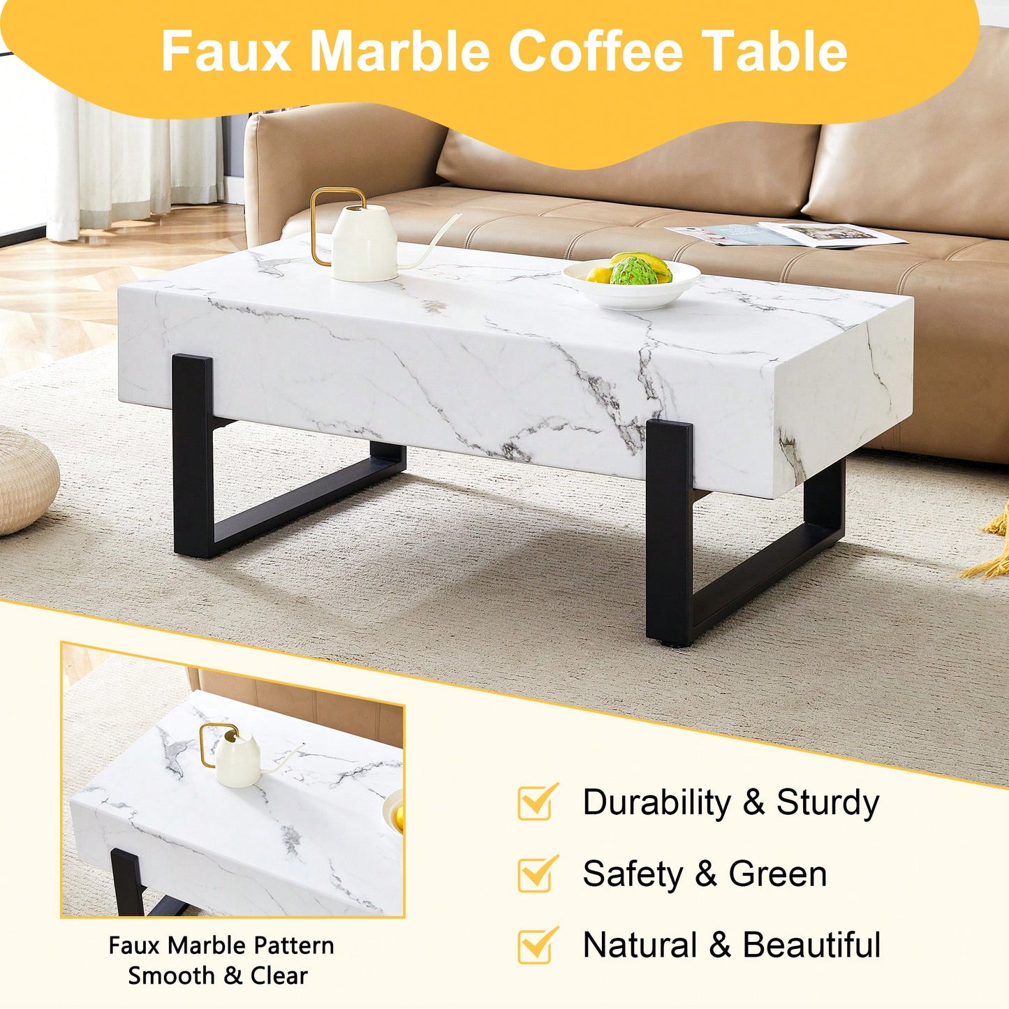 Modern Black And White Minimalist MDF Coffee Table With Marble Pattern And Black Metal Legs