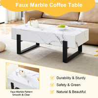 Modern Black And White Minimalist MDF Coffee Table With Marble Pattern And Black Metal Legs