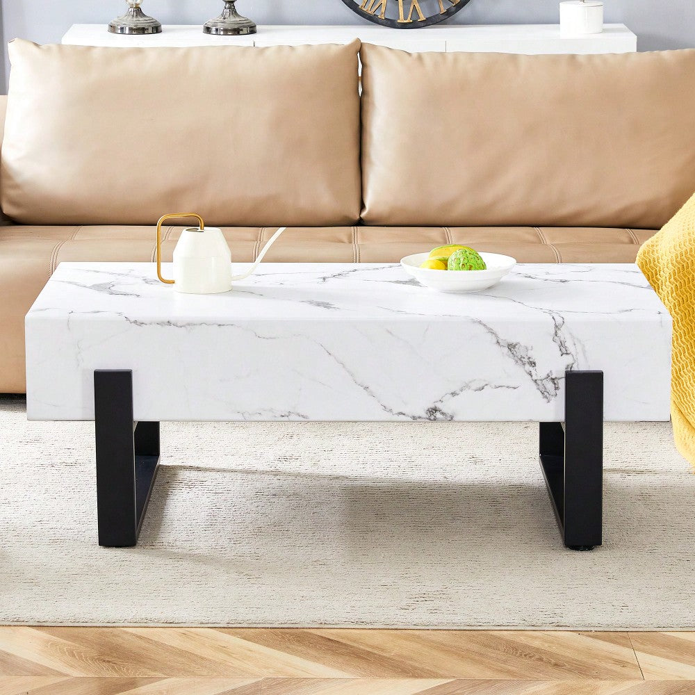Modern Black And White Minimalist MDF Coffee Table With Marble Pattern And Black Metal Legs