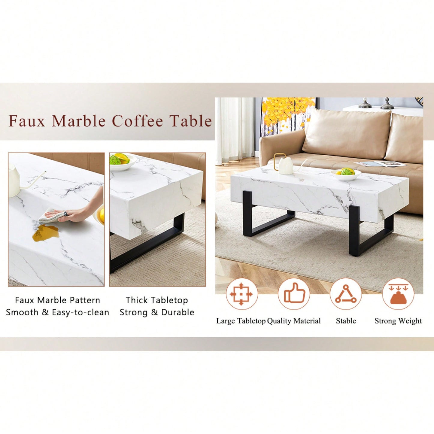Modern Black And White Minimalist MDF Coffee Table With Marble Pattern And Black Metal Legs