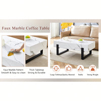 Modern Black And White Minimalist MDF Coffee Table With Marble Pattern And Black Metal Legs