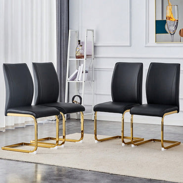 Set Of 4 Black PU High Resilience Dining Chairs With Gold Arched Metal Legs
