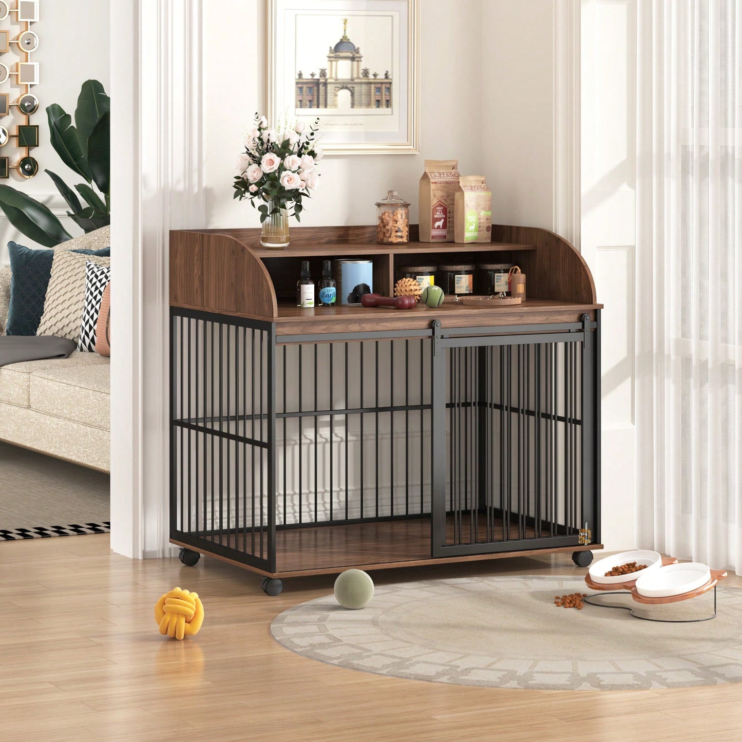 Heavy Duty Large Dog Crate Furniture With Lockable Wheels And Double Layer Storage For Medium To Large Dogs In Gray