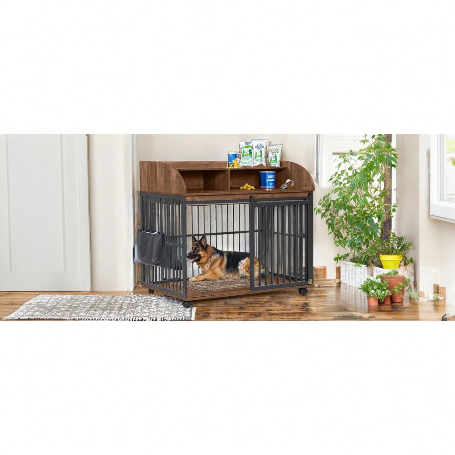 Heavy Duty Large Dog Crate Furniture With Lockable Wheels And Double Layer Storage For Medium To Large Dogs In Gray