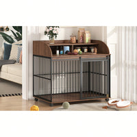 Heavy Duty Large Dog Crate Furniture With Lockable Wheels And Double Layer Storage For Medium To Large Dogs In Gray