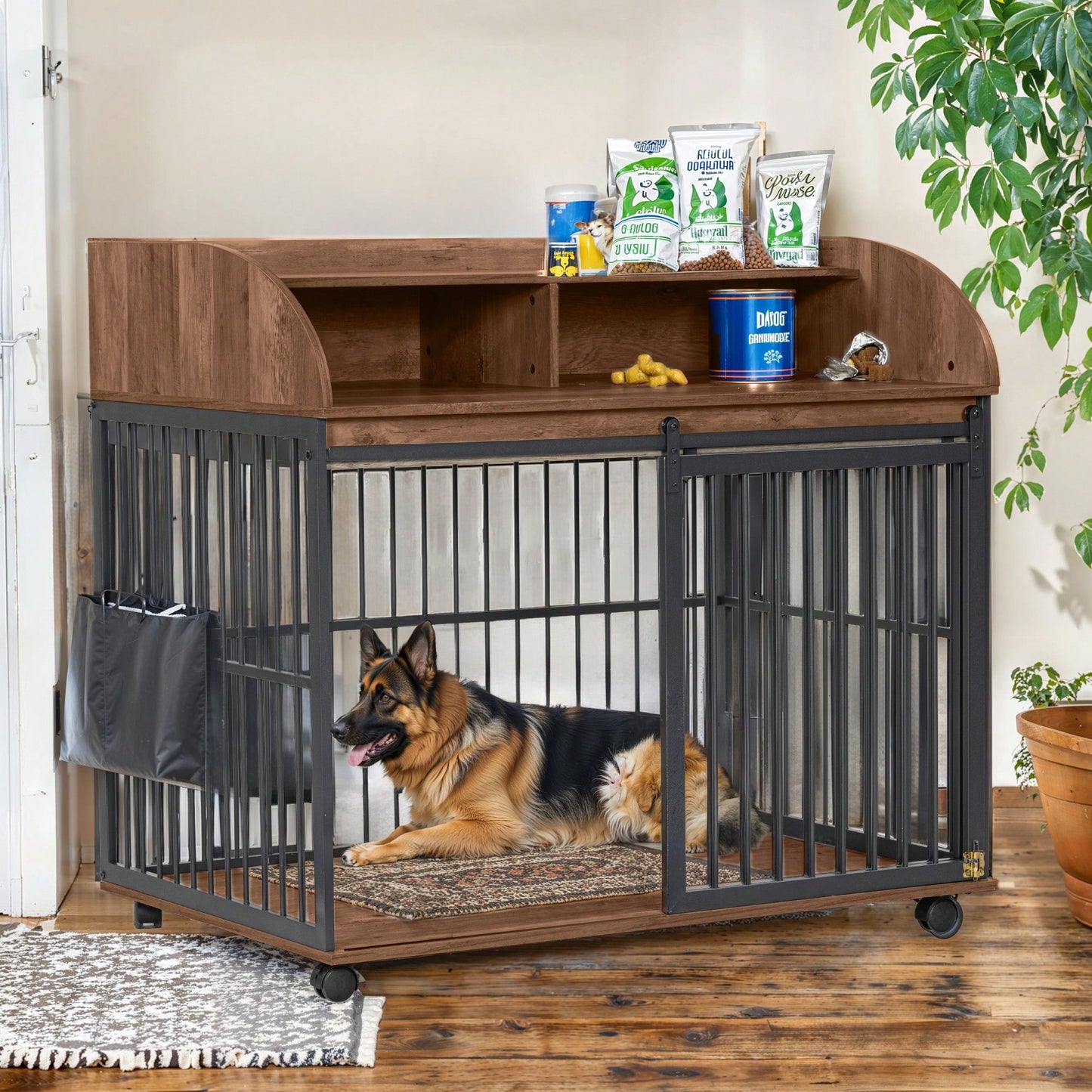 Heavy Duty Large Dog Crate Furniture With Lockable Wheels And Double Layer Storage For Medium To Large Dogs In Gray