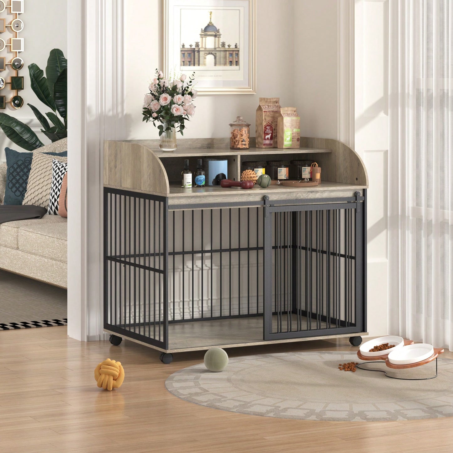 Heavy Duty Large Dog Crate Furniture With Lockable Wheels And Double Layer Storage For Medium To Large Dogs In Gray