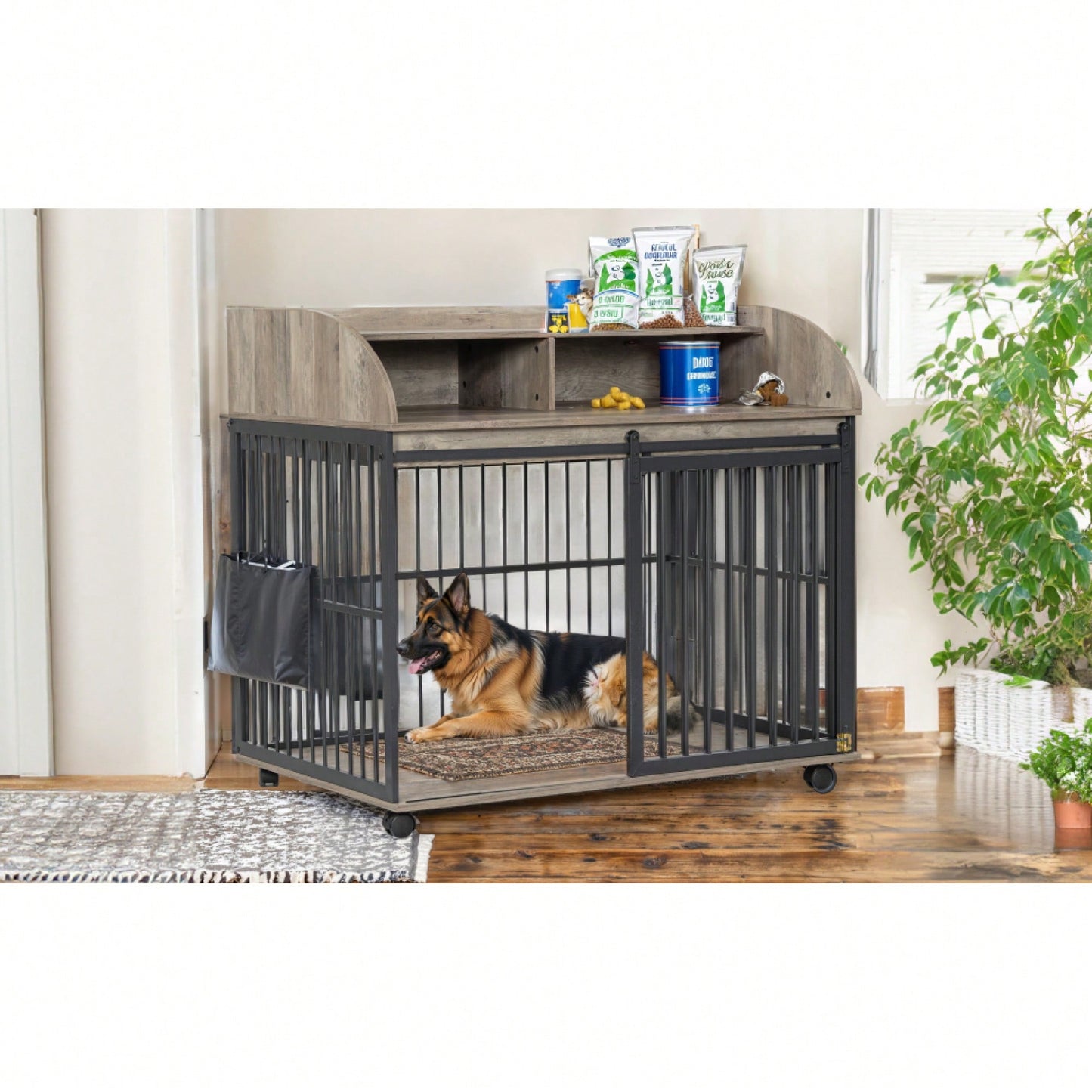 Heavy Duty Large Dog Crate Furniture With Lockable Wheels And Double Layer Storage For Medium To Large Dogs In Gray