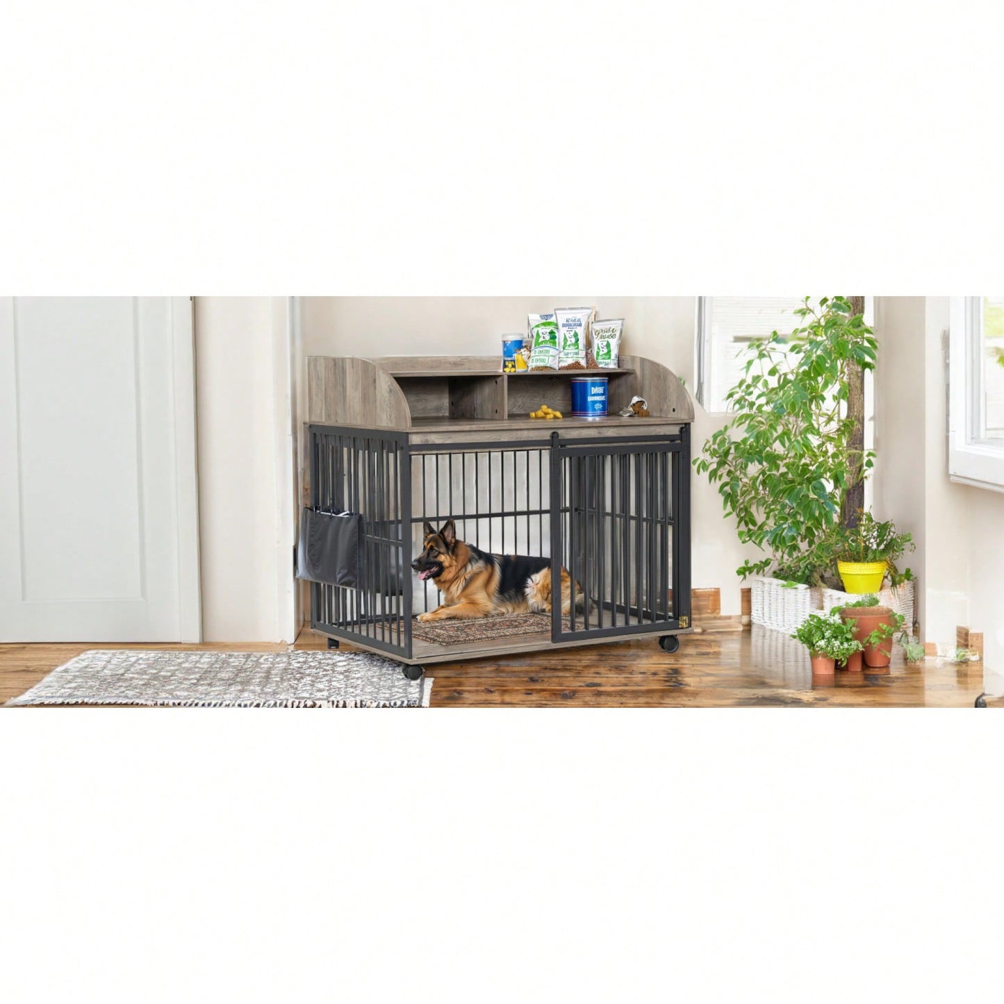 Heavy Duty Large Dog Crate Furniture With Lockable Wheels And Double Layer Storage For Medium To Large Dogs In Gray