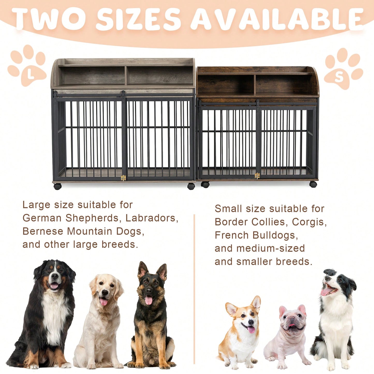 Heavy Duty Large Dog Crate Furniture With Lockable Wheels And Double Layer Storage For Medium To Large Dogs In Gray