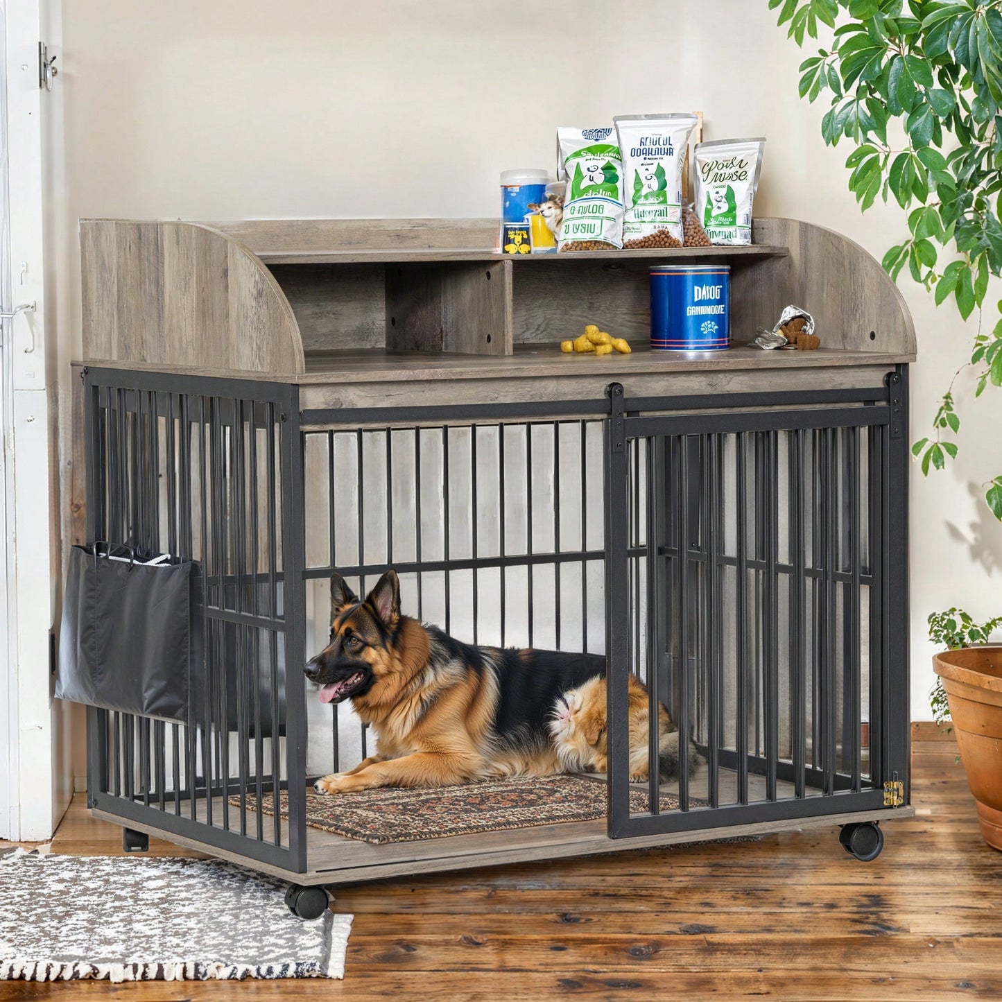 Heavy Duty Large Dog Crate Furniture With Lockable Wheels And Double Layer Storage For Medium To Large Dogs In Gray