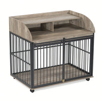 Heavy Duty Large Dog Crate Furniture With Lockable Wheels And Double Layer Storage For Medium To Large Dogs In Gray