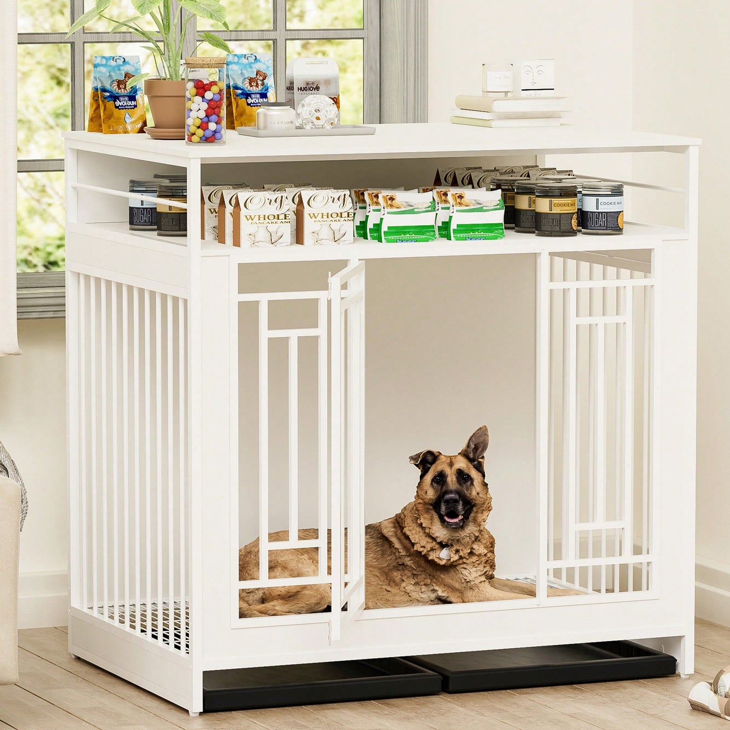 Elegant Wooden Dog Crate With Divider And Storage Drawers For Large And Medium Dogs, Double Door Design, Stylish Pet House In White