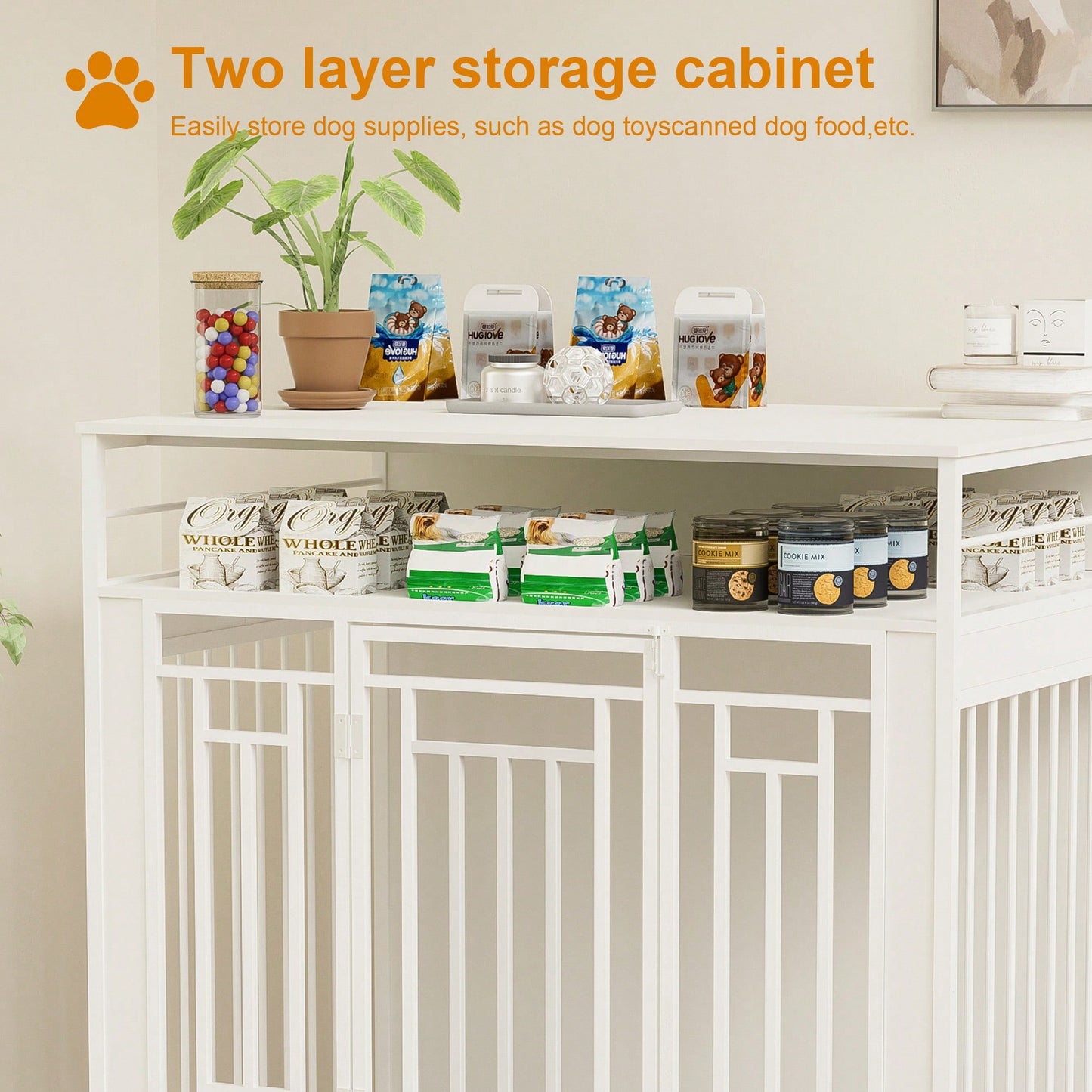 Elegant Wooden Dog Crate With Divider And Storage Drawers For Large And Medium Dogs, Double Door Design, Stylish Pet House In White