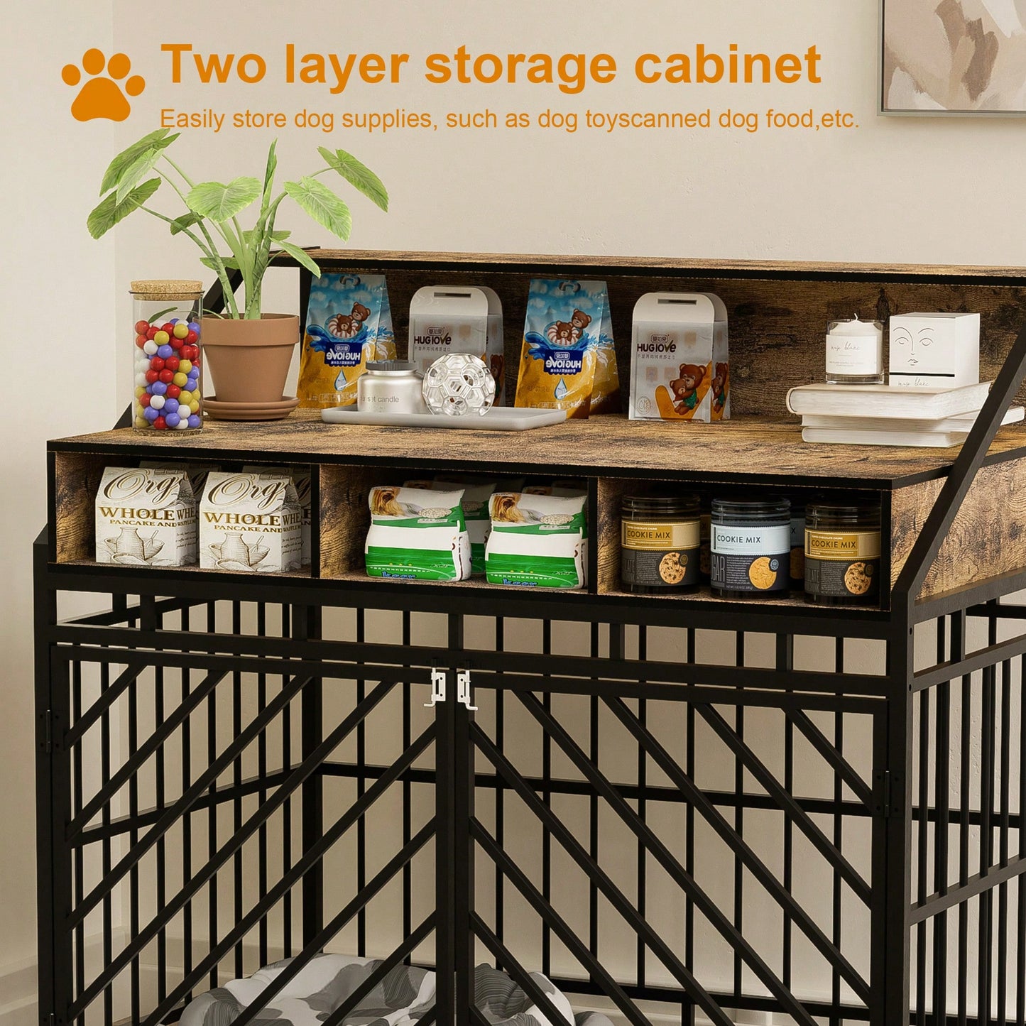 Large Wooden Dog Crate With Divider And Double Doors, Stylish Pet Kennel With Storage Drawers For Medium To Large Dogs, Rustic Brown Design