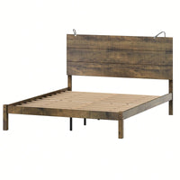 Modern Queen Size Farmhouse Wooden Platform Bed With Antique Gray Finish And Two Bedside Lights