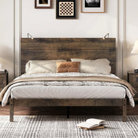Modern Queen Size Farmhouse Wooden Platform Bed With Antique Gray Finish And Two Bedside Lights