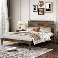 Modern Queen Size Farmhouse Wooden Platform Bed With Antique Gray Finish And Two Bedside Lights