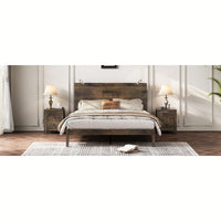 Modern Queen Size Farmhouse Wooden Platform Bed With Antique Gray Finish And Two Bedside Lights